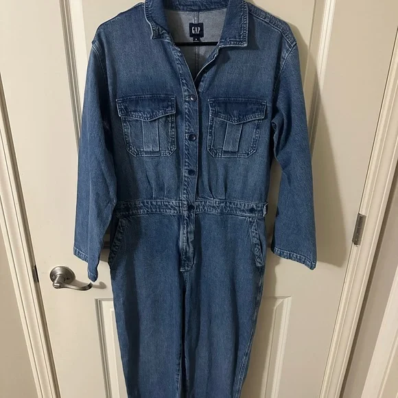 GAP Blue Denim Jumpsuit Button Down Front and Button Cinch at Waist - Picture 1 of 4